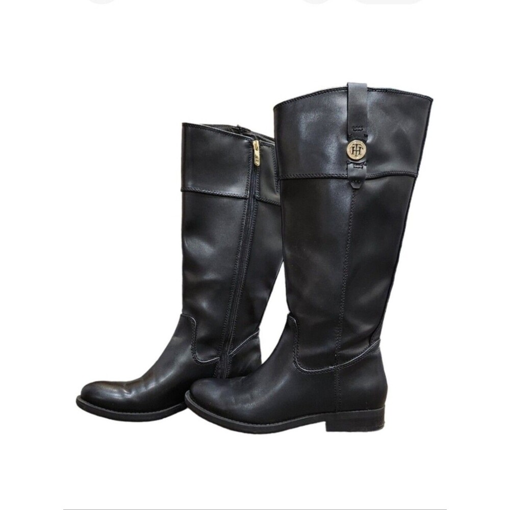 Tommy Hilfiger Faux Leather Mid-Calf Boots Black Goldtone Logo Size 7.5